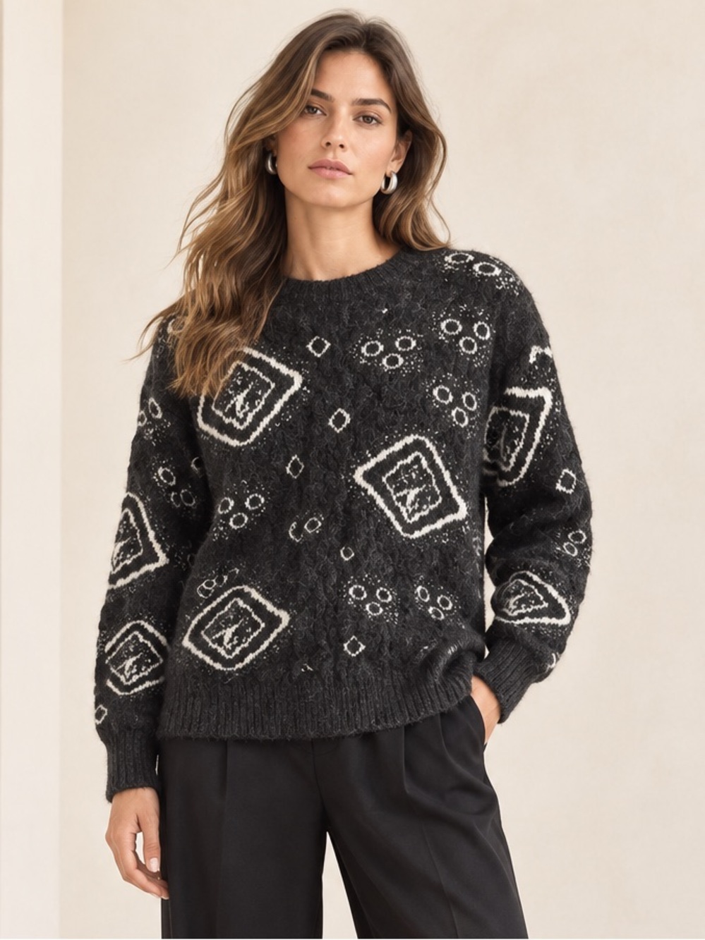 Marcella Geometric Knit Sweater Black & White Medium